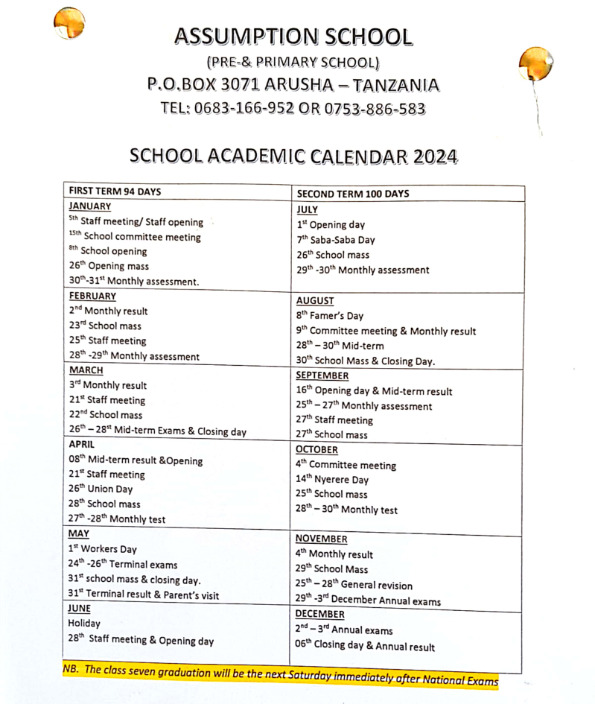 Assumption School , School Calendar for the Year 2024.